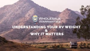 Text and logo overlaid on a scenic mountain landscape with a motorhome driving on a winding road. The text says "Understand your RV weight and why it matters."