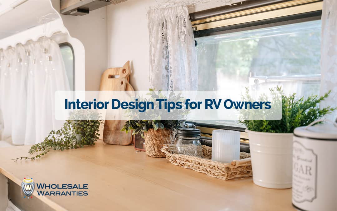 Text Reads Interior Design Tips for RV Owners Over Image of Pretty RV Interior