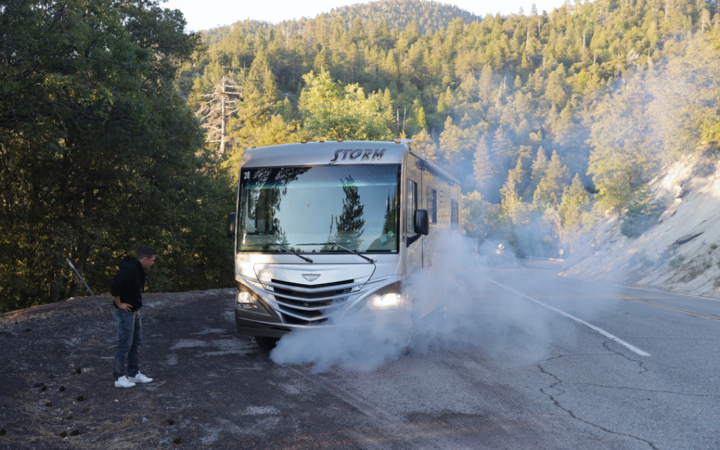 Motorhome with smoke coming out of the engine 
